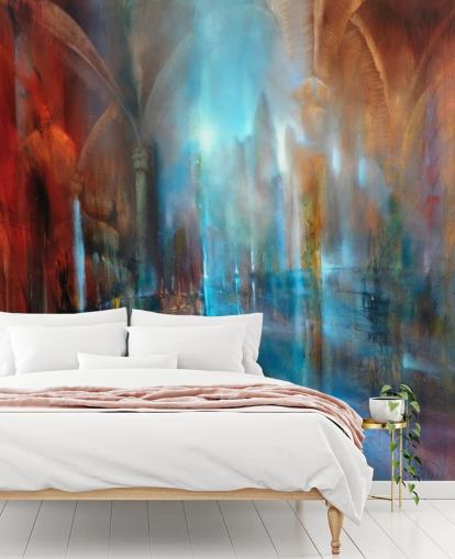 abstract art of city and abbey pillars wallpaper