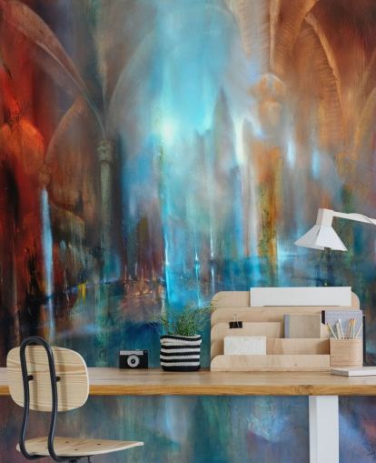 abstract art of city and abbey pillars wallpaper