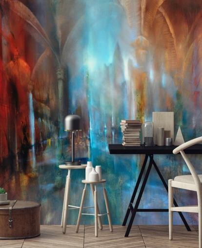 abstract art of city and abbey pillars wallpaper