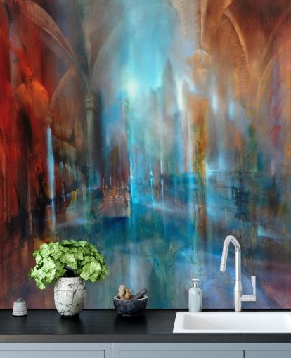 abstracte kunst van stad en abdij pilaren behang