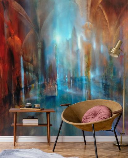 abstracte kunst van stad en abdij pilaren behang