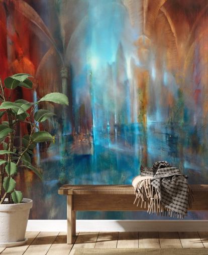 abstracte kunst van stad en abdij pilaren behang