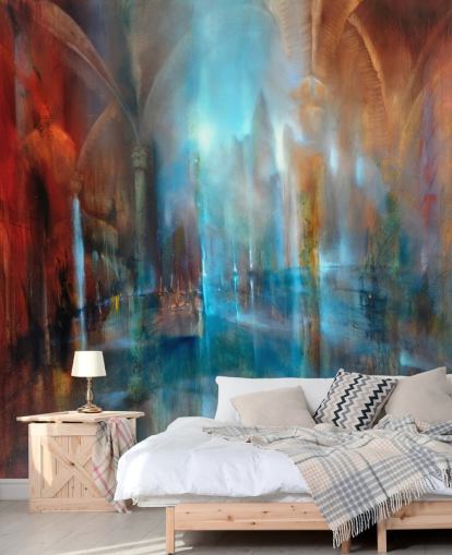 abstracte kunst van stad en abdij pilaren behang