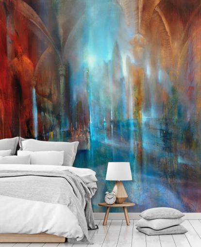 abstract art of city and abbey pillars wallpaper