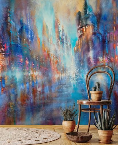 abstract colourful city street wall mural