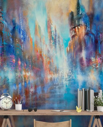 abstract colourful city street wall mural