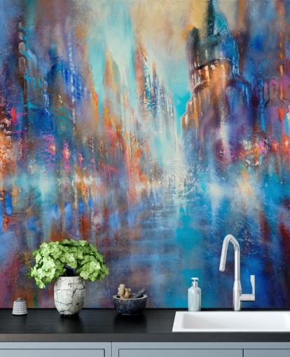 abstract colourful city street wall mural