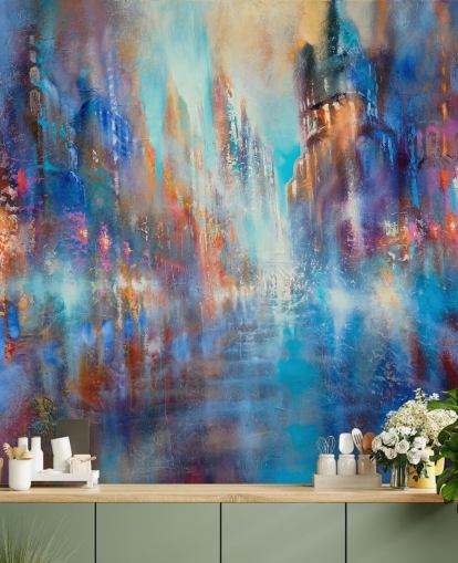 abstract colourful city street wall mural