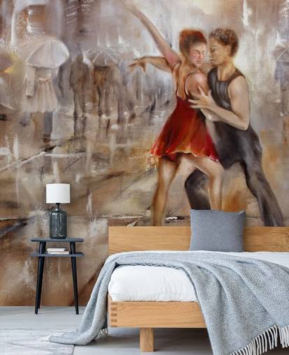 pintura abstracta romántica de bailarines bajo la lluvia con caminantes que pasan por papel tapiz