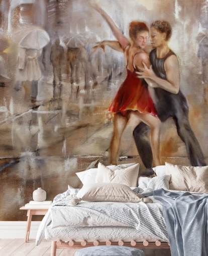 pintura abstrata romântica de dançarinos na chuva com caminhantes passando pelo papel de parede