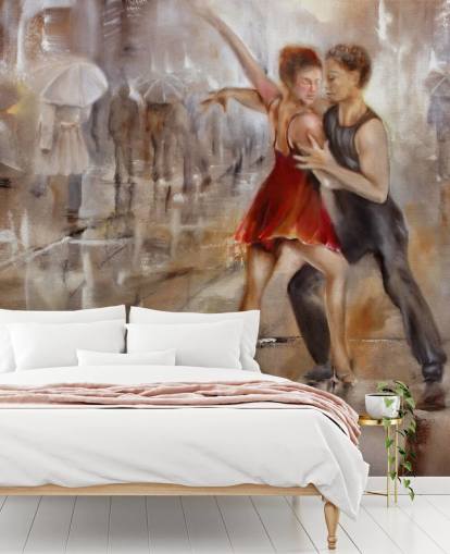 romantic abstract painting of dancers in rain with walkers passing by wallpaper