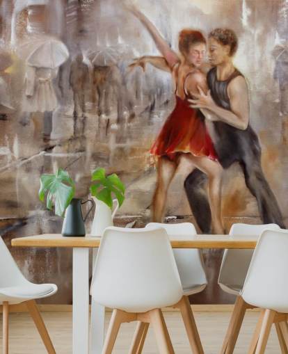 romantic abstract painting of dancers in rain with walkers passing by wallpaper