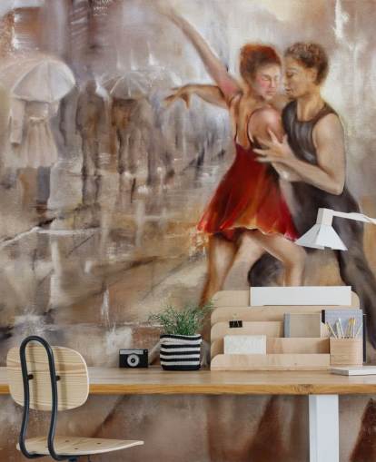 pintura abstrata romântica de dançarinos na chuva com caminhantes passando pelo papel de parede