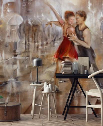 pintura abstrata romântica de dançarinos na chuva com caminhantes passando pelo papel de parede