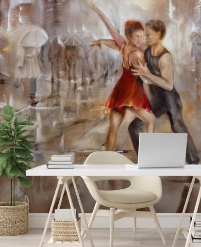 pintura abstracta romántica de bailarines bajo la lluvia con caminantes que pasan por papel tapiz pintura abstracta romántica de bailarines bajo la lluvia con caminantes que pasan por papel tapiz