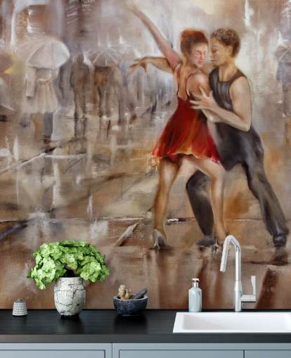 romantic abstract painting of dancers in rain with walkers passing by wallpaper