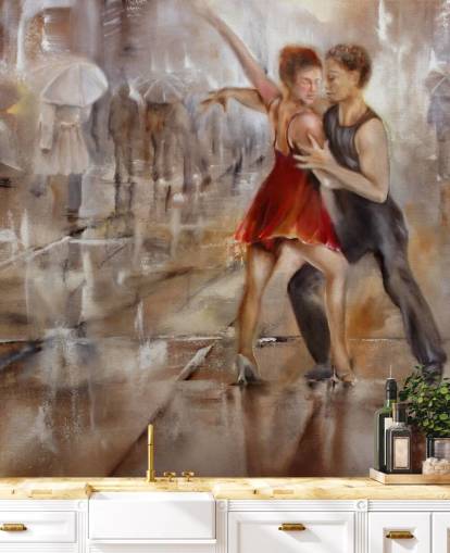 pintura abstrata romântica de dançarinos na chuva com caminhantes passando pelo papel de parede