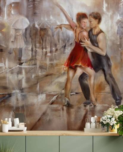 pintura abstracta romántica de bailarines bajo la lluvia con caminantes que pasan por papel tapiz pintura abstracta romántica de bailarines bajo la lluvia con caminantes que pasan por papel tapiz