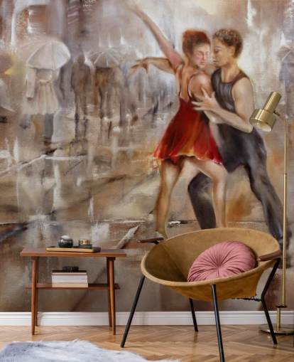 peinture abstraite romantique de danseurs sous la pluie avec des marcheurs passant par le papier peint