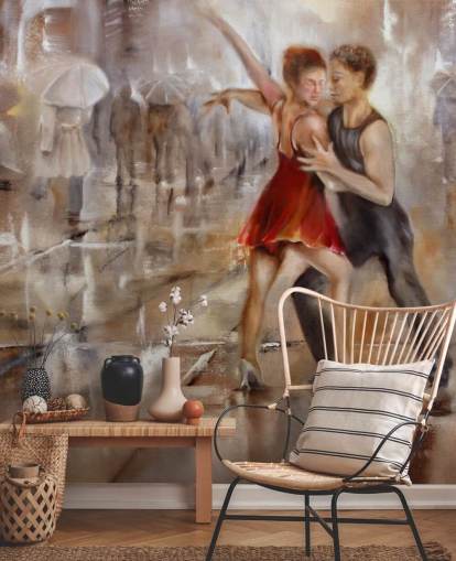 romantisch abstract schilderij van dansers in regen met wandelaars langs behang
