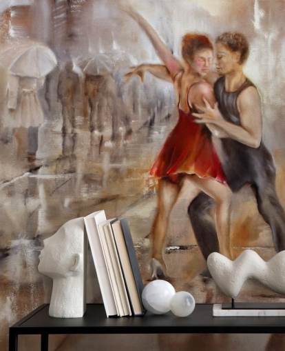 pittura astratta romantica di ballerini sotto la pioggia con camminatori che passano per carta da parati