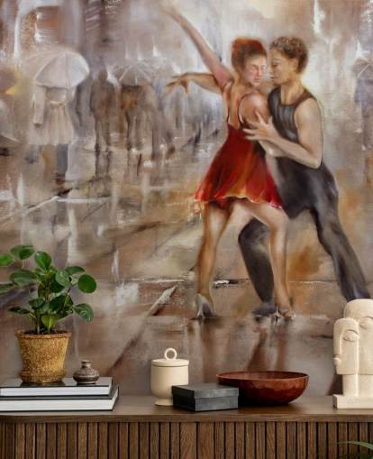 peinture abstraite romantique de danseurs sous la pluie avec des marcheurs passant par le papier peint peinture abstraite romantique de danseurs sous la pluie avec des marcheurs passant par le papier peint