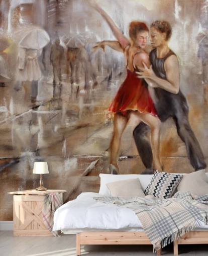 romantisch abstract schilderij van dansers in regen met wandelaars langs behang romantisch abstract schilderij van dansers in regen met wandelaars langs behang