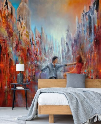 peinture abstraite rouge et bleu de danseurs dans le papier peint de la ville