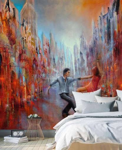 red and blue abstract painting of dancers in the city wallpaper red and blue abstract painting of dancers in the city wallpaper