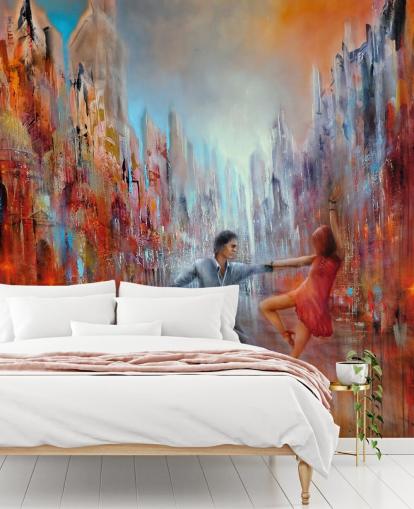 pintura abstrata vermelha e azul de dançarinos no papel de parede da cidade