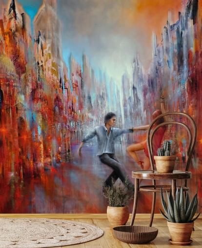 red and blue abstract painting of dancers in the city wallpaper