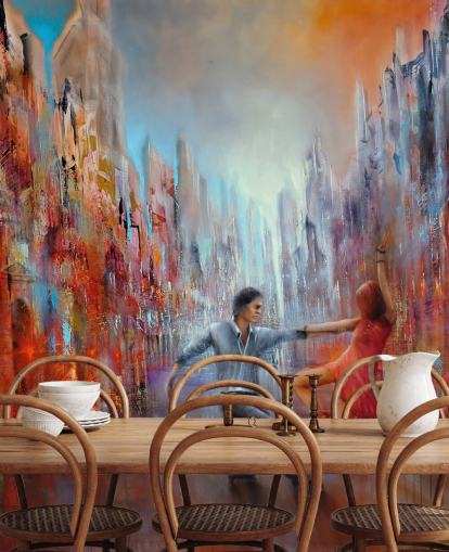 pintura abstrata vermelha e azul de dançarinos no papel de parede da cidade pintura abstrata vermelha e azul de dançarinos no papel de parede da cidade