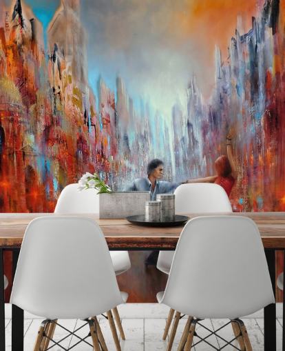 red and blue abstract painting of dancers in the city wallpaper