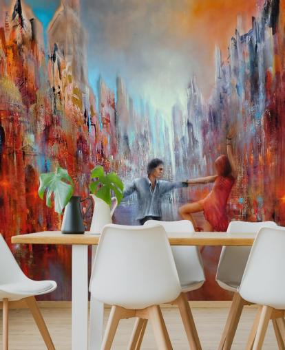 red and blue abstract painting of dancers in the city wallpaper