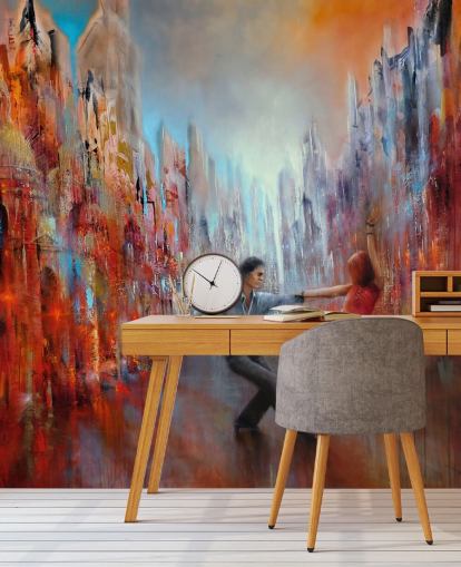 pittura astratta rossa e blu di ballerini nella carta da parati della città