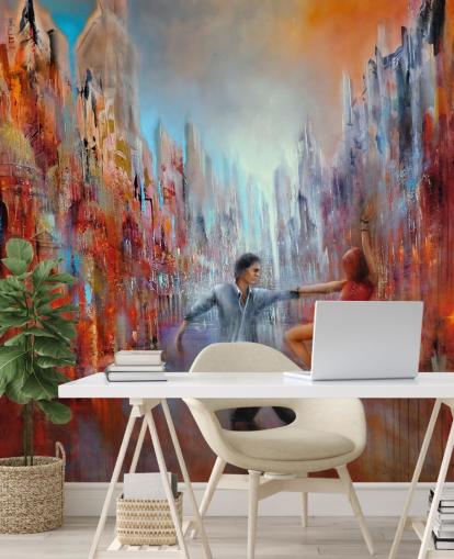 red and blue abstract painting of dancers in the city wallpaper