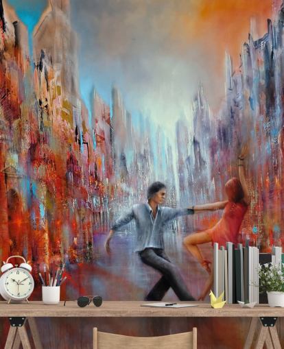 red and blue abstract painting of dancers in the city wallpaper