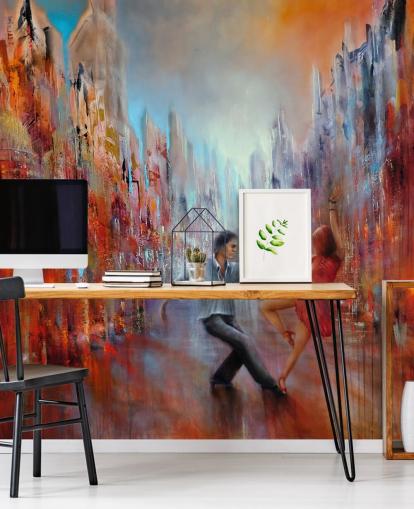 red and blue abstract painting of dancers in the city wallpaper