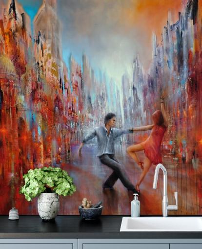 red and blue abstract painting of dancers in the city wallpaper