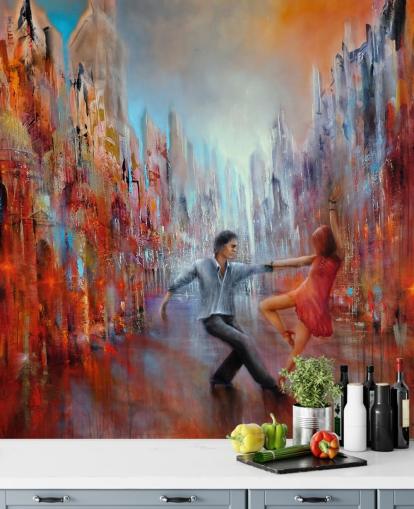 red and blue abstract painting of dancers in the city wallpaper