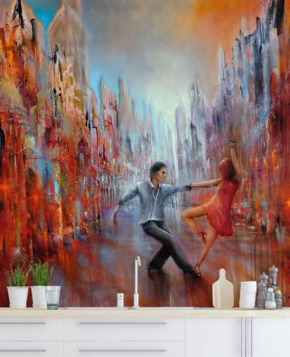 red and blue abstract painting of dancers in the city wallpaper