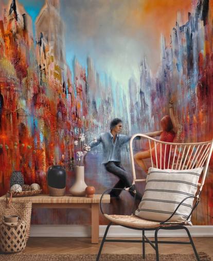 pittura astratta rossa e blu di ballerini nella carta da parati della città pittura astratta rossa e blu di ballerini nella carta da parati della città