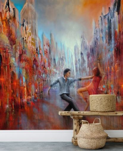 pintura abstracta roja y azul de bailarines en el fondo de pantalla de la ciudad