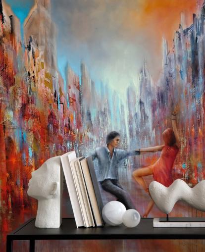 pintura abstracta roja y azul de bailarines en el fondo de pantalla de la ciudad