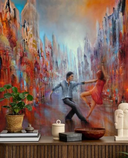 peinture abstraite rouge et bleu de danseurs dans le papier peint de la ville