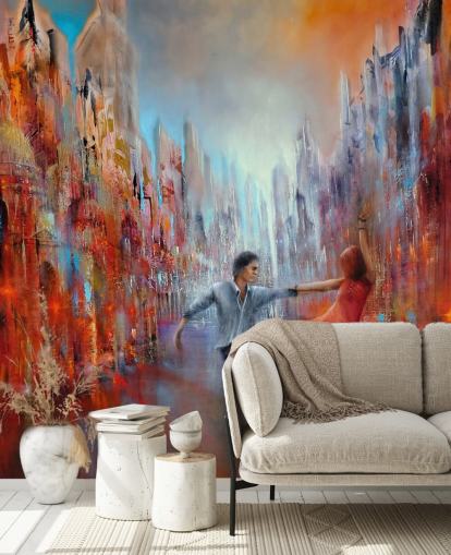 rood en blauw abstract schilderij van dansers in het stadsbehang rood en blauw abstract schilderij van dansers in het stadsbehang