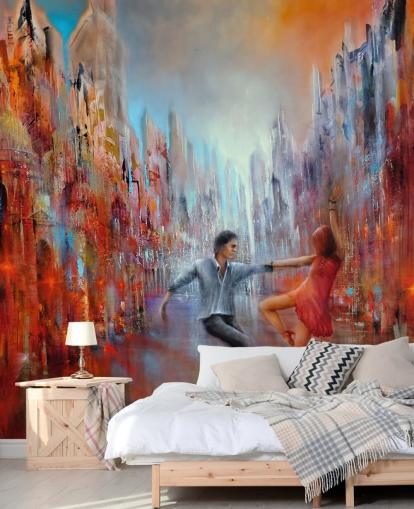 red and blue abstract painting of dancers in the city wallpaper