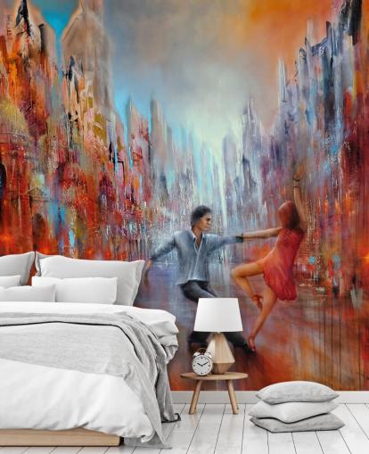 red and blue abstract painting of dancers in the city wallpaper red and blue abstract painting of dancers in the city wallpaper