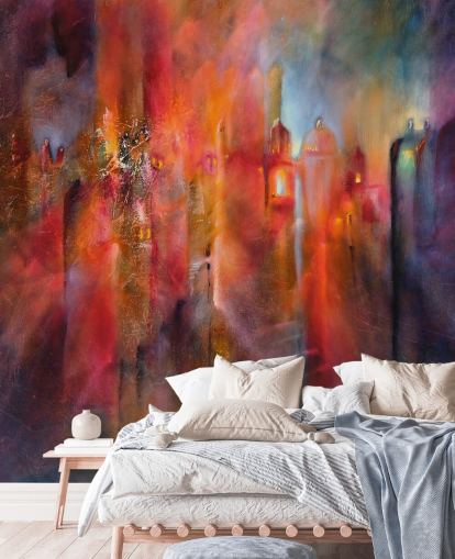 papel pintado de ciudad brumosa rosa, rojo y morado