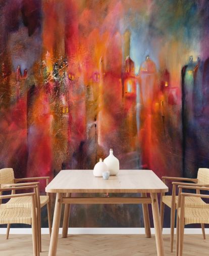 papier peint ville brumeuse rose, rouge et violet